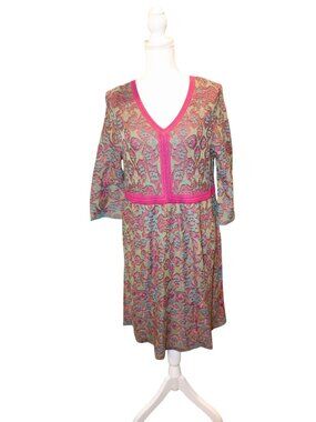 Peruvian Connection Kashmiri Jacquard Dress Knit Dress With Pink Trim Size L 3/4